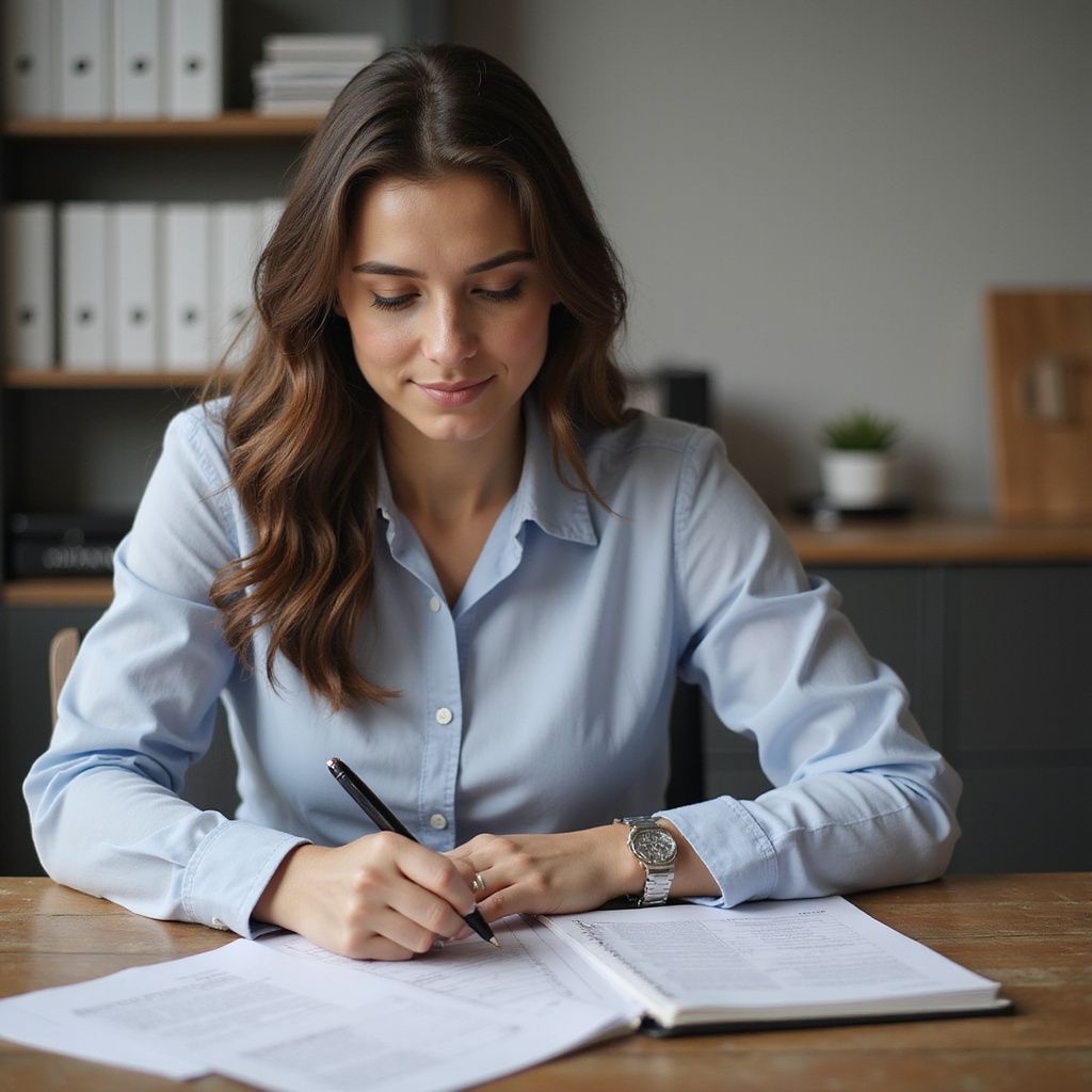 Woman in blue shirt writing on documents at a wooden desk, with a focused expression.