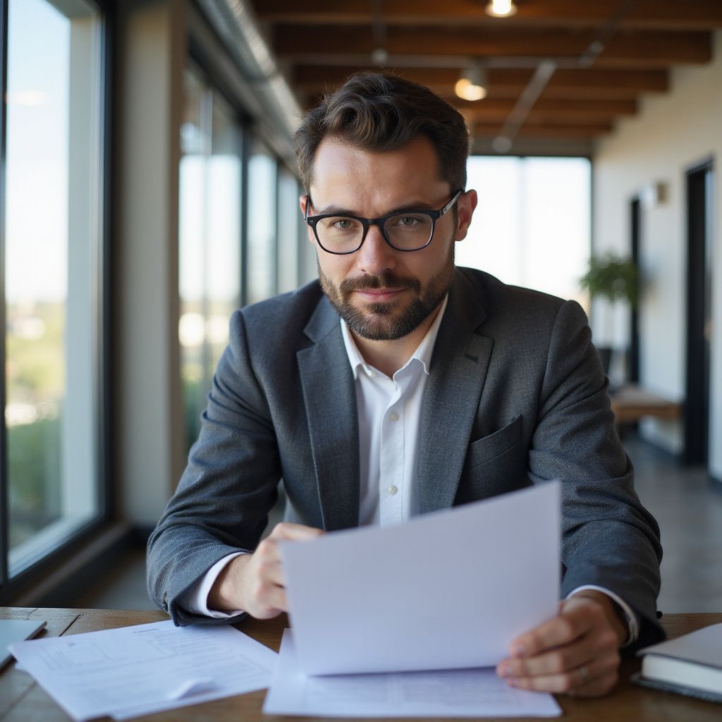 Man in glasses, suit, reading papers at a desk, in an office setting.
