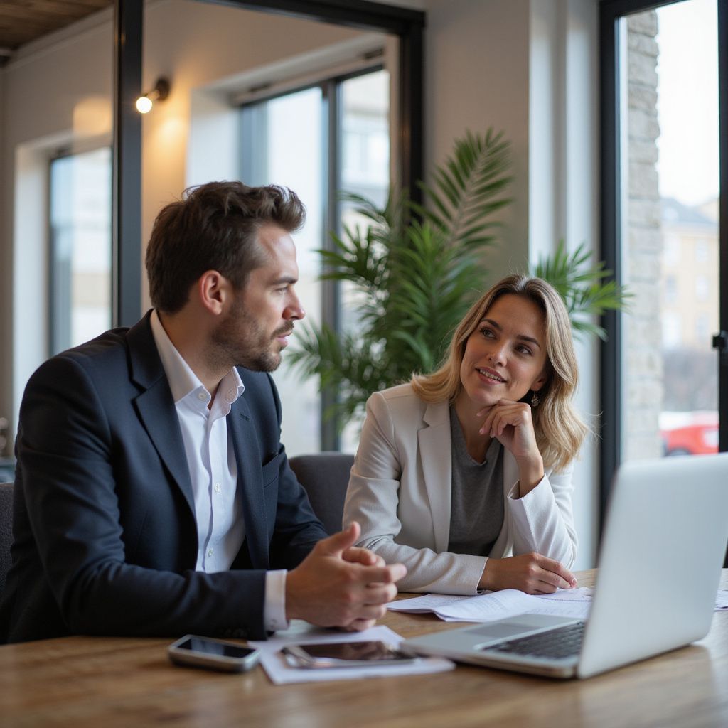 Man and woman in business attire discussing, looking at laptop, papers on table.