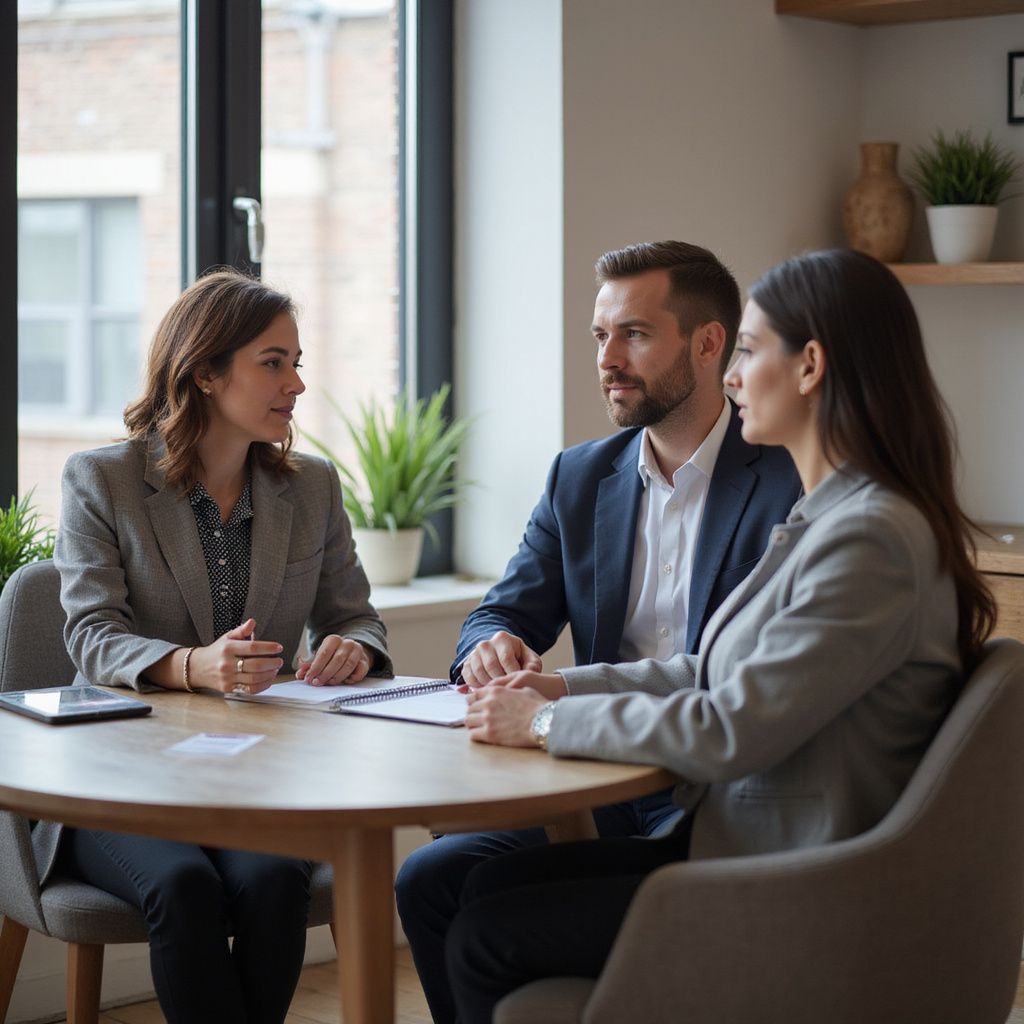 Three people in business attire discussing at a round table. Sunlight, plants, papers, and a tablet are present.