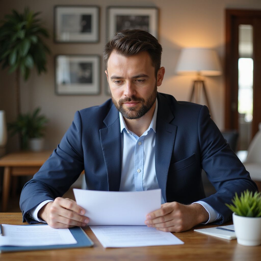Man in suit, reviewing papers at a desk. Indoor setting with plants and framed pictures.