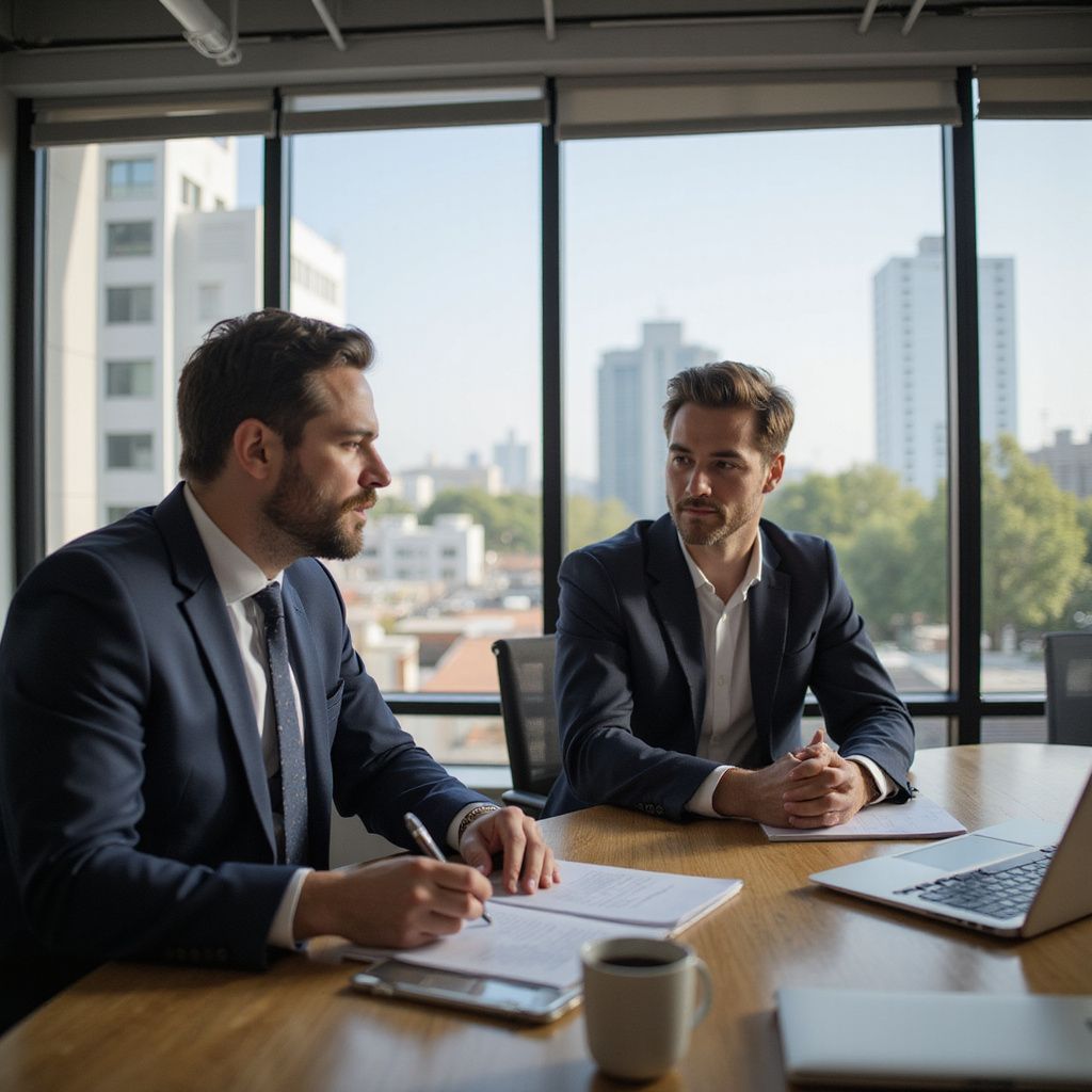 Two men in suits at a table in an office, discussing paperwork. City buildings visible.