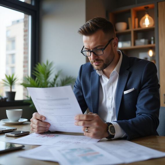 Man in suit and glasses, seated, reading documents at a table.