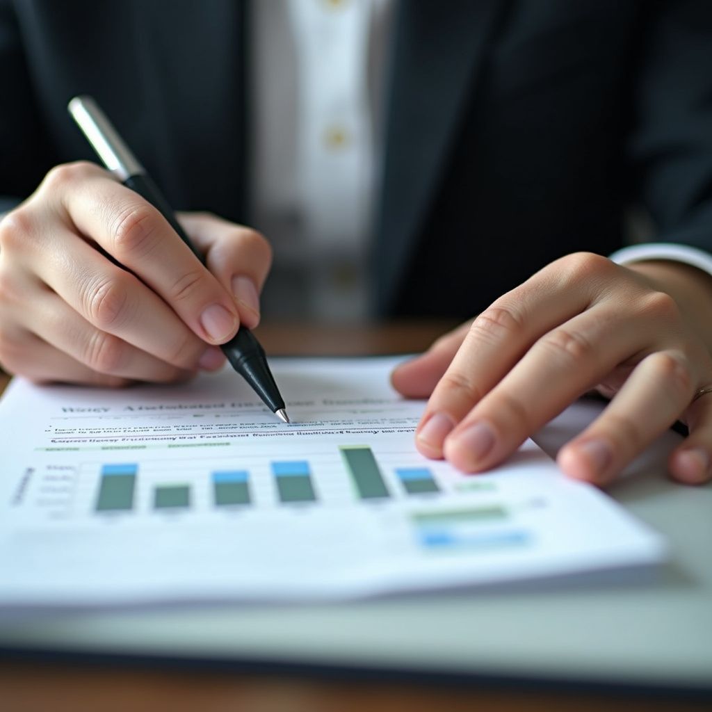 A person in a suit writes on a document with a bar graph, possibly reviewing data.