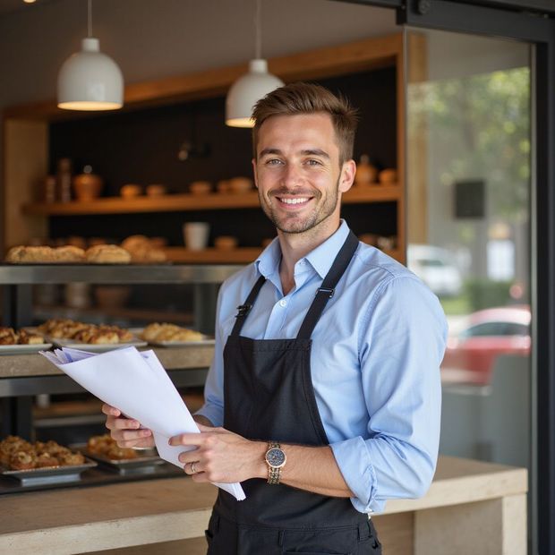 Man in apron smiling, holding papers, standing in a bakery.