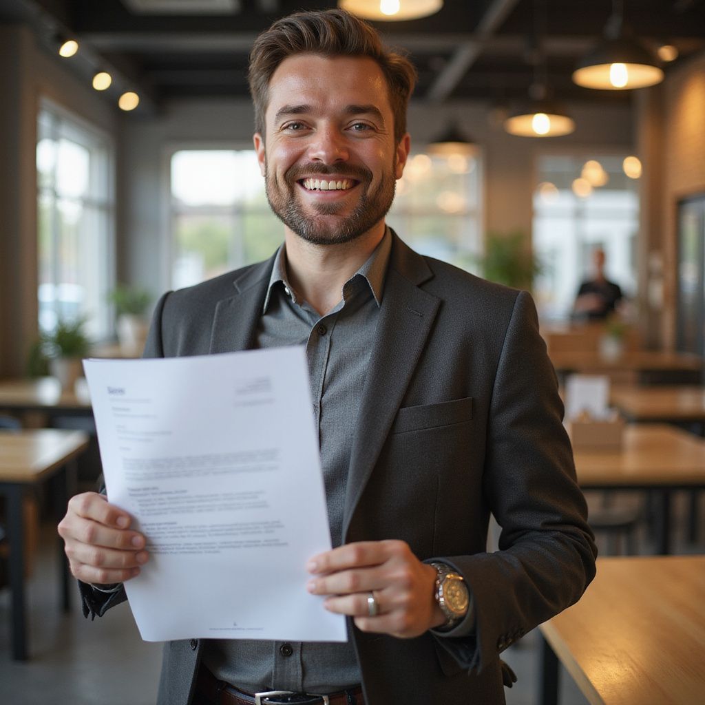 Man in suit, holding paper, smiling, standing in a well-lit office setting.