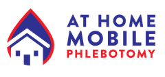 The logo for at home mobile phlebotomy has a red house on it.