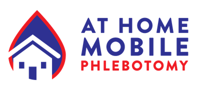 A logo for at home mobile phlebotomy with a house on it