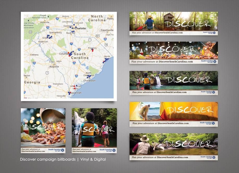 South Carolina travel campaign: Map, banner ads with nature scenes, and billboard with food, all promoting tourism.