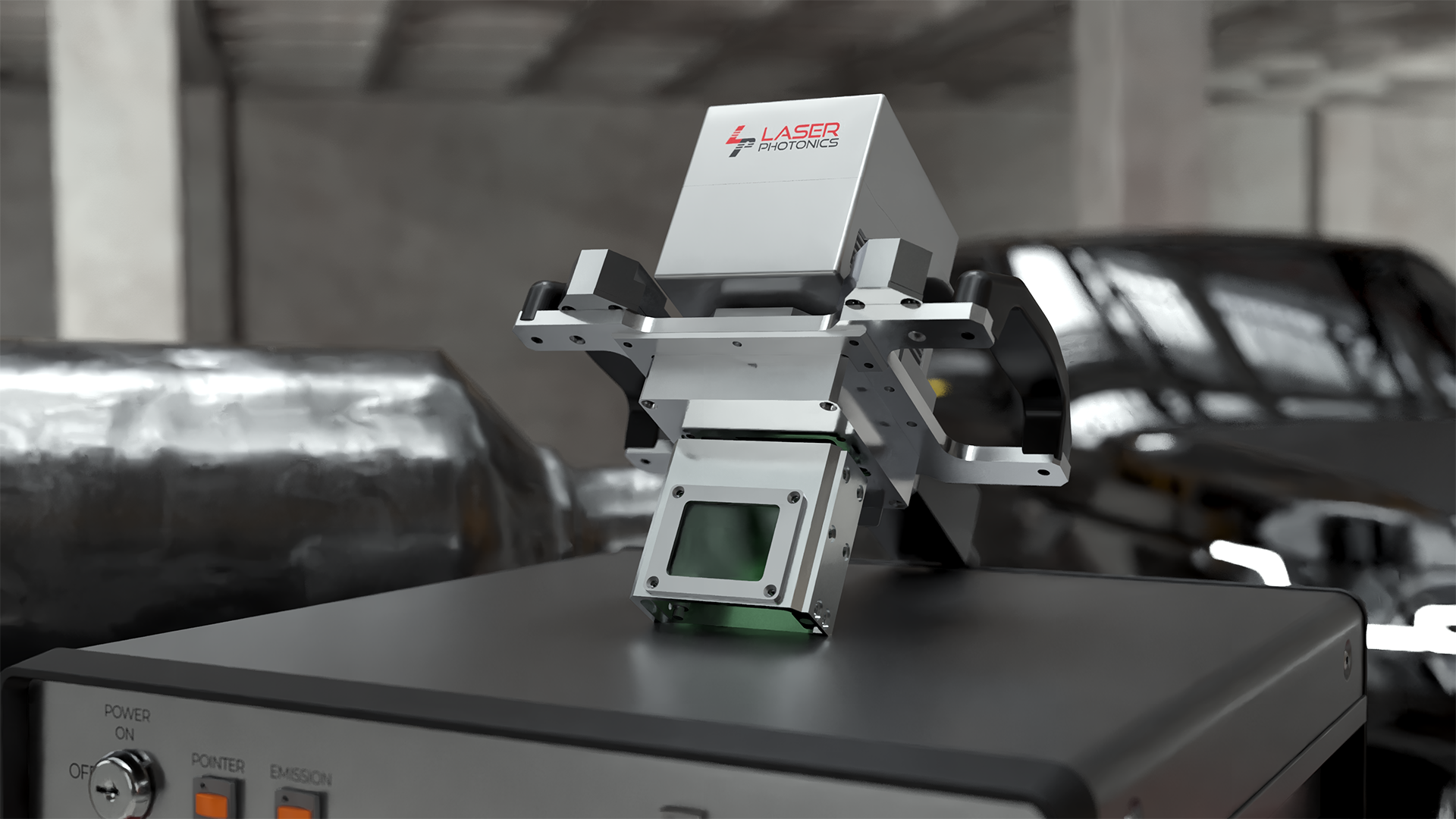 Laser marking machine on a control unit, in a garage.