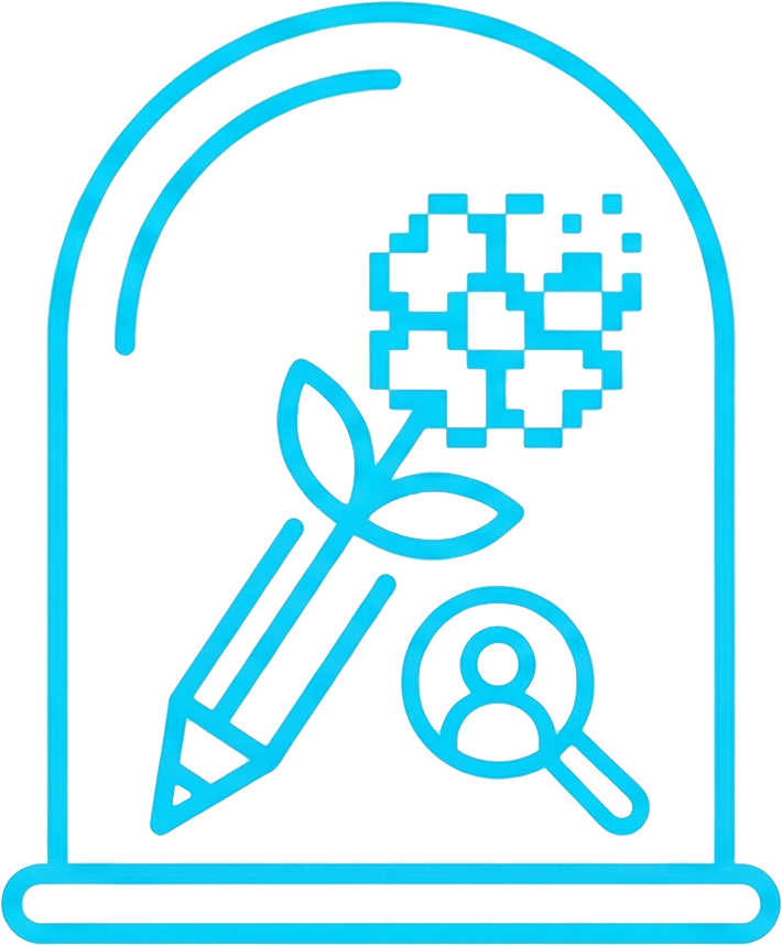 Blue icon: pencil, flower, person icon with magnifying glass, inside a dome.