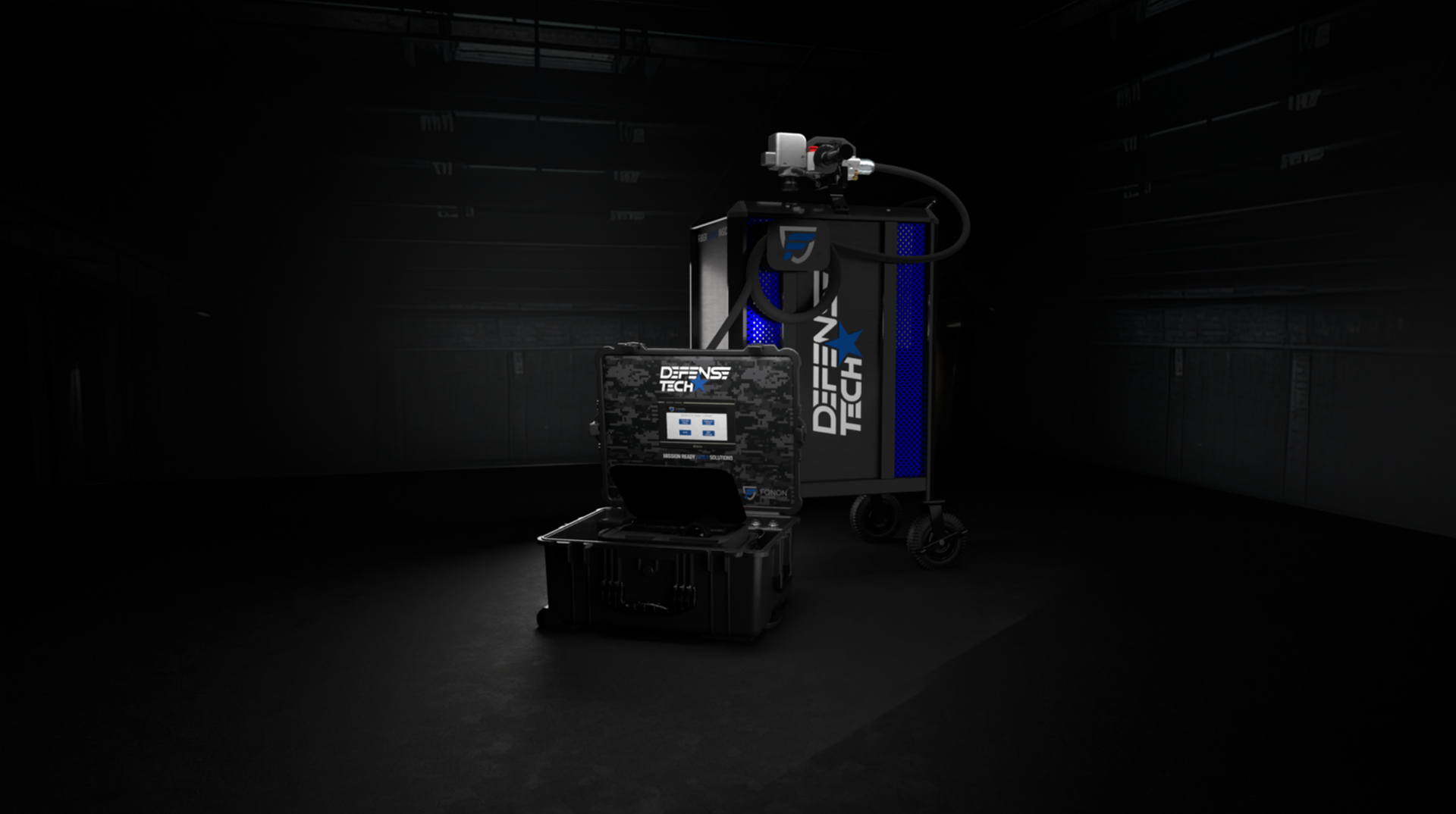 Black and blue industrial machine on wheels in a dark room.