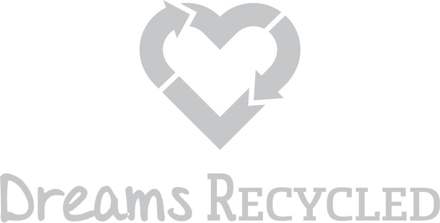 Logo that combines a heart icon with a recycle symbol for a company called Dreams Recycled.