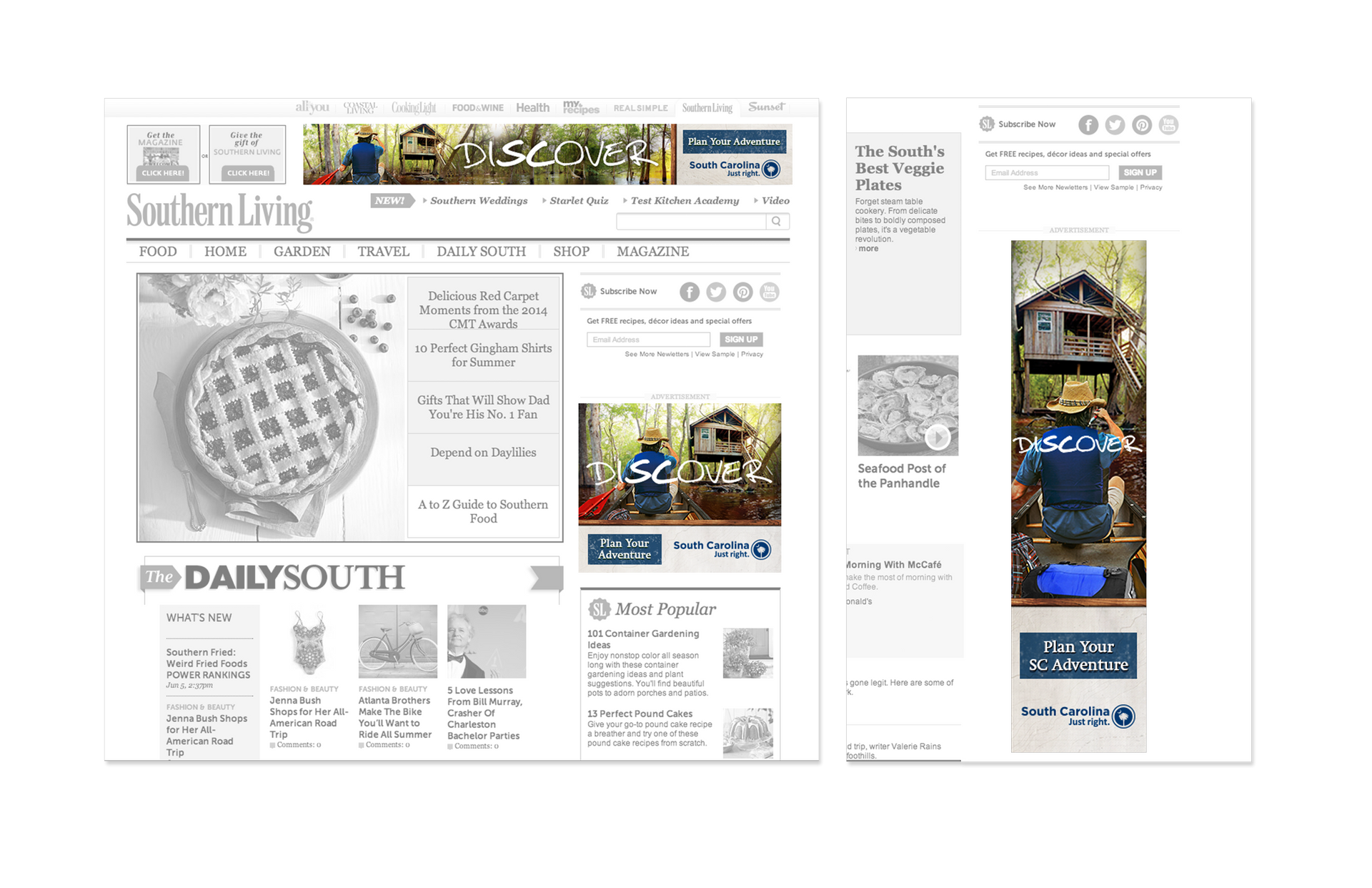 Two grayscale website layouts, Southern Living and Daily South, with main articles and sidebars.