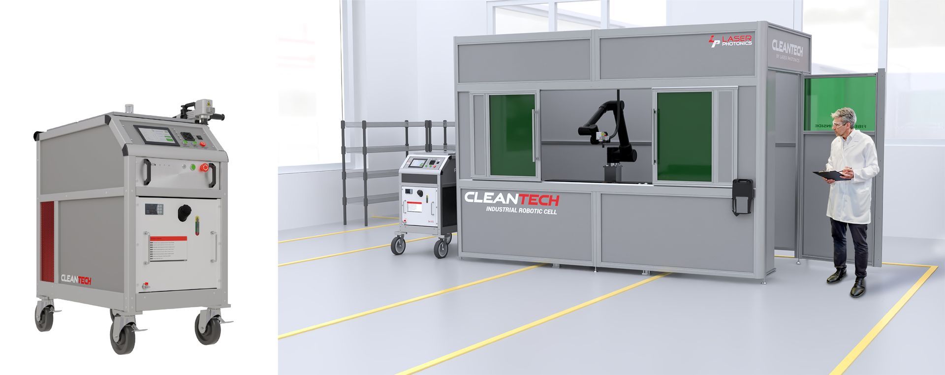 A machine on wheels, a large industrial enclosure with a robotic arm, and a person in a lab coat.