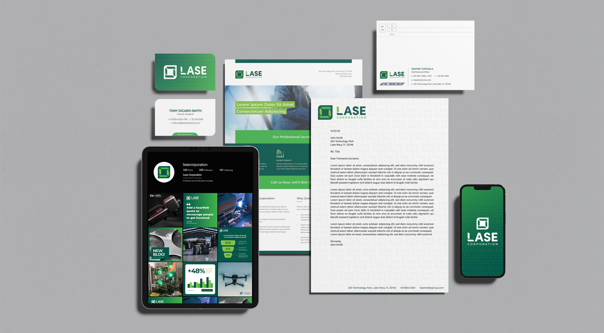 Stationery mockup with the green LASÉ logo: business card, letterhead, tablet, phone, and website.