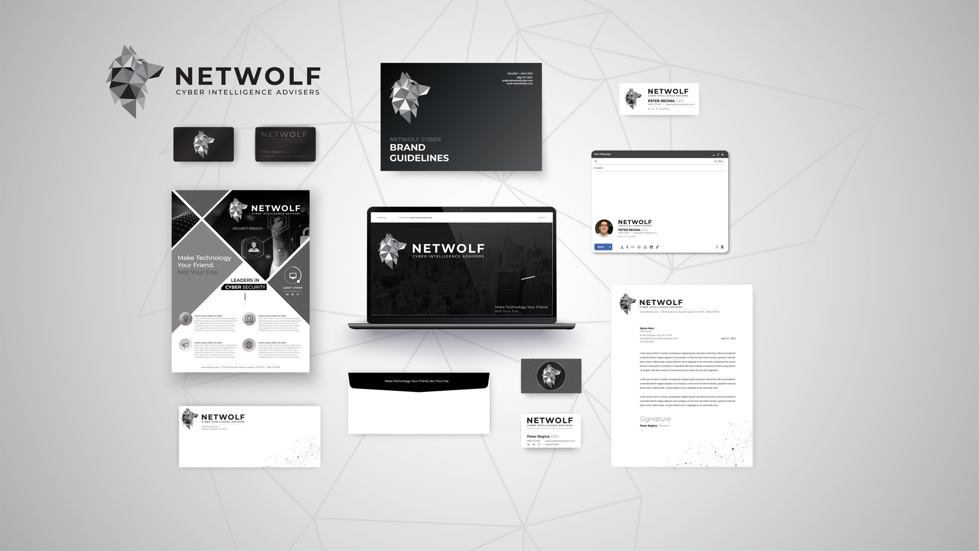 Netwolf branding mockup: Business cards, stationery, website design in black, white, and gray, featuring a geometric wolf logo.