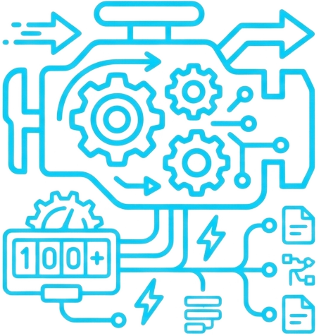 Blue engine diagram with gears, circuits, and a gauge reading 100+.