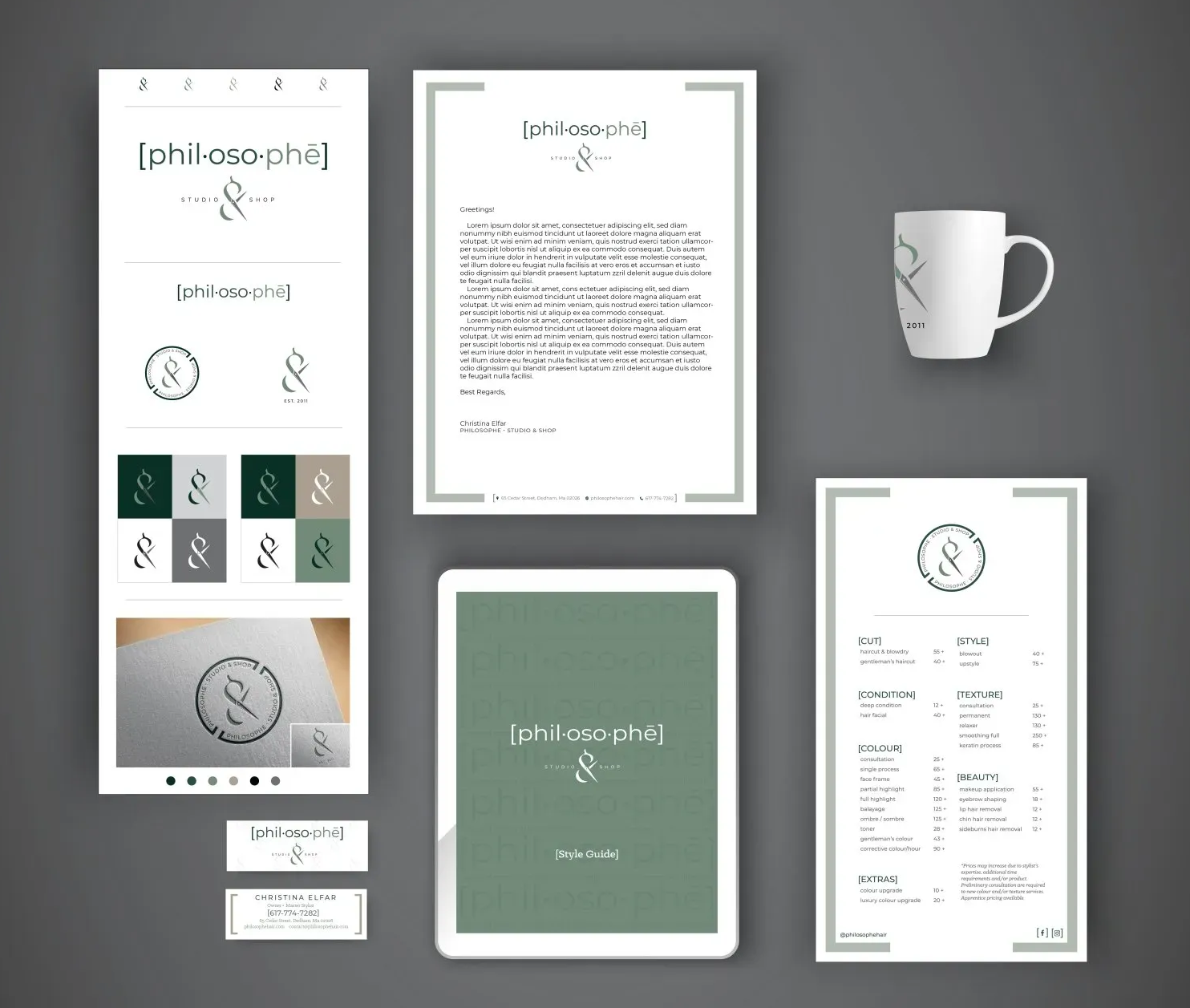 Branding mockups, including logo, letterhead, tablet, menu, and mug, in green and gray on a dark gray background.
