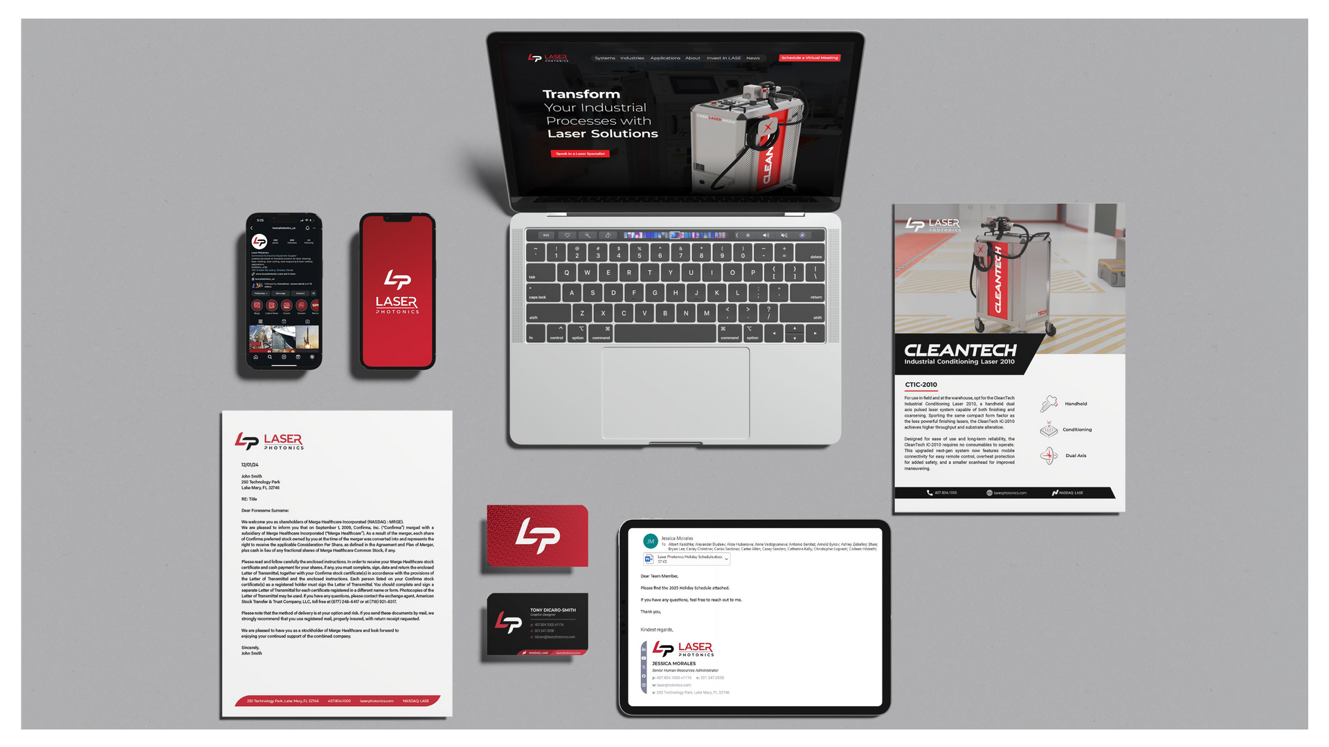 Branding mock-up with a laptop, phones, stationery, and tablet showcasing a red and black logo and product.