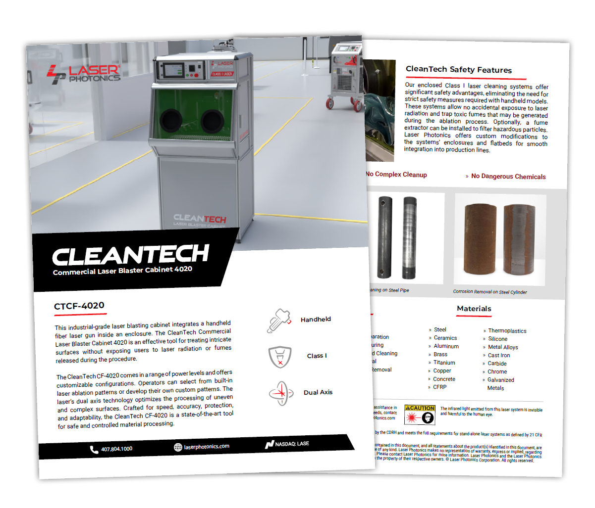 Brochure for Cleantech machinery, featuring a machine, product details, and contact information.