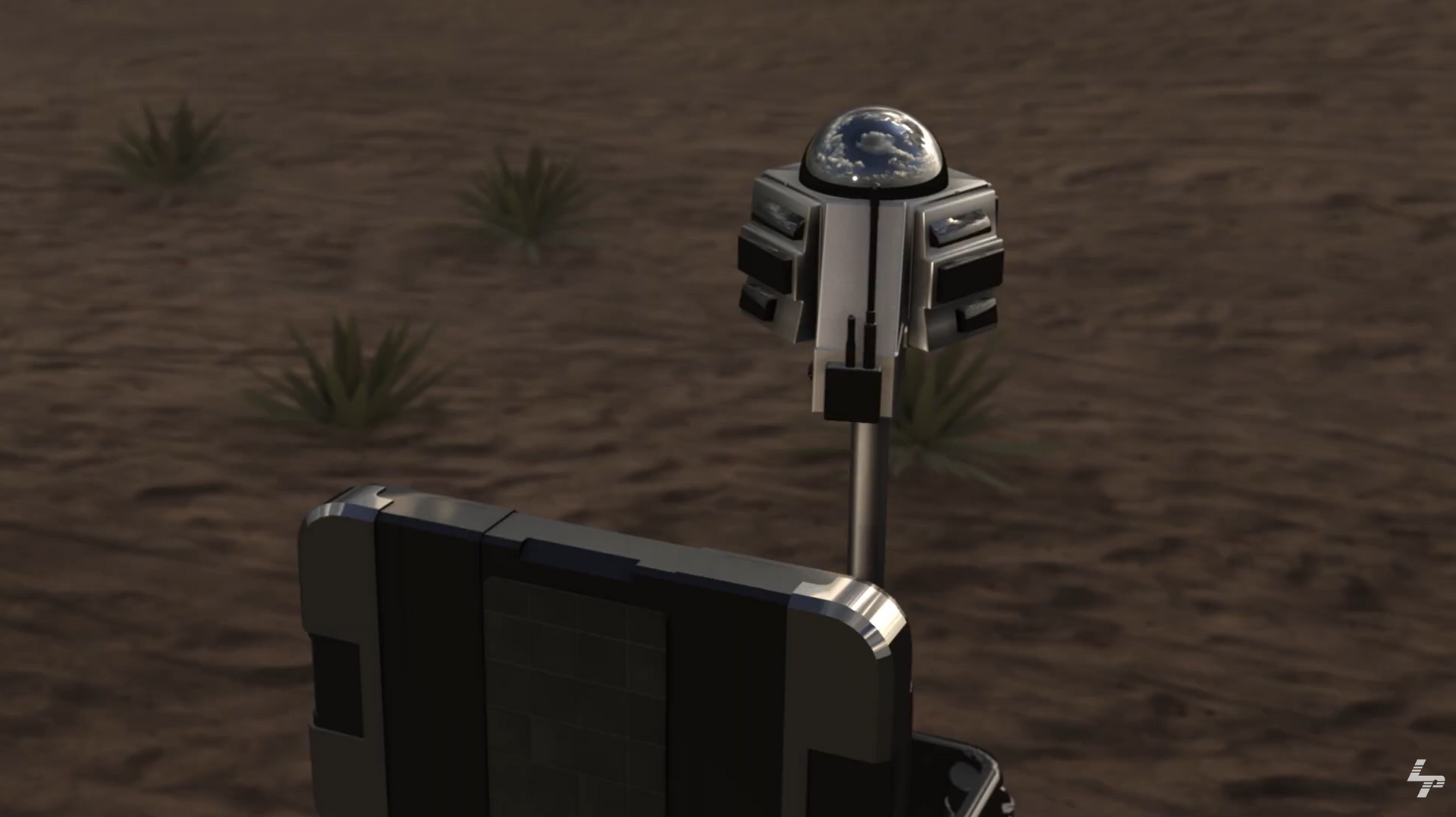 Laser Security Anti Drone System with a glass dome for a head on a pole in a desert-like setting.