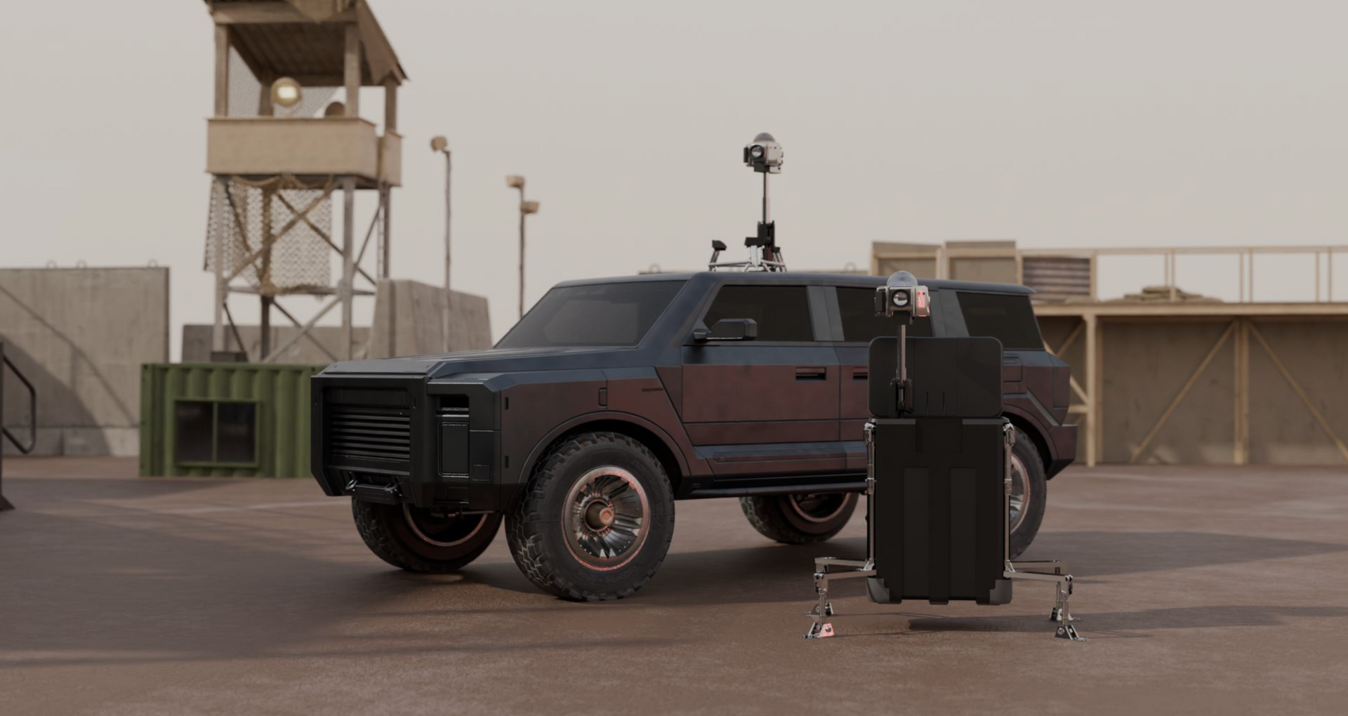 Rugged dark SUV with antennas parked in a military-style compound.