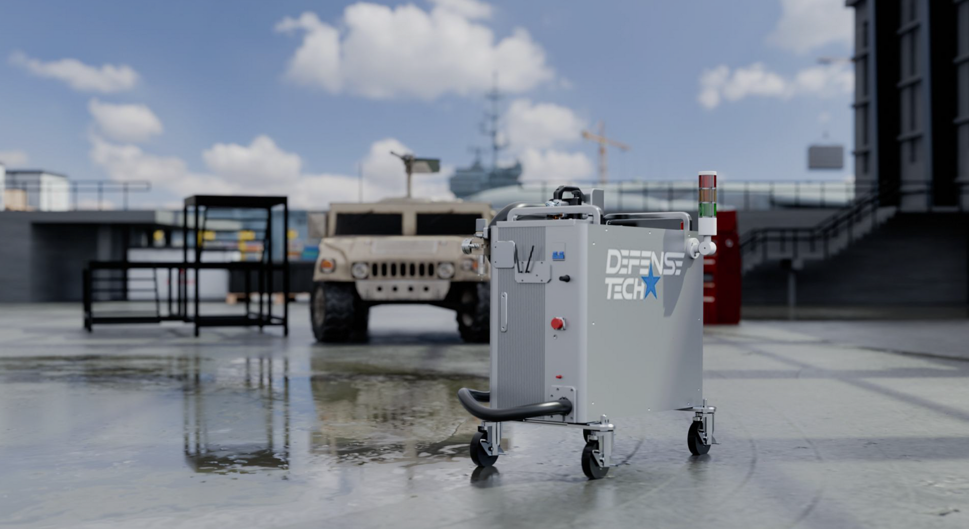 Gray Defense Vision robot on wheels outdoors with a Humvee and ship in the background.