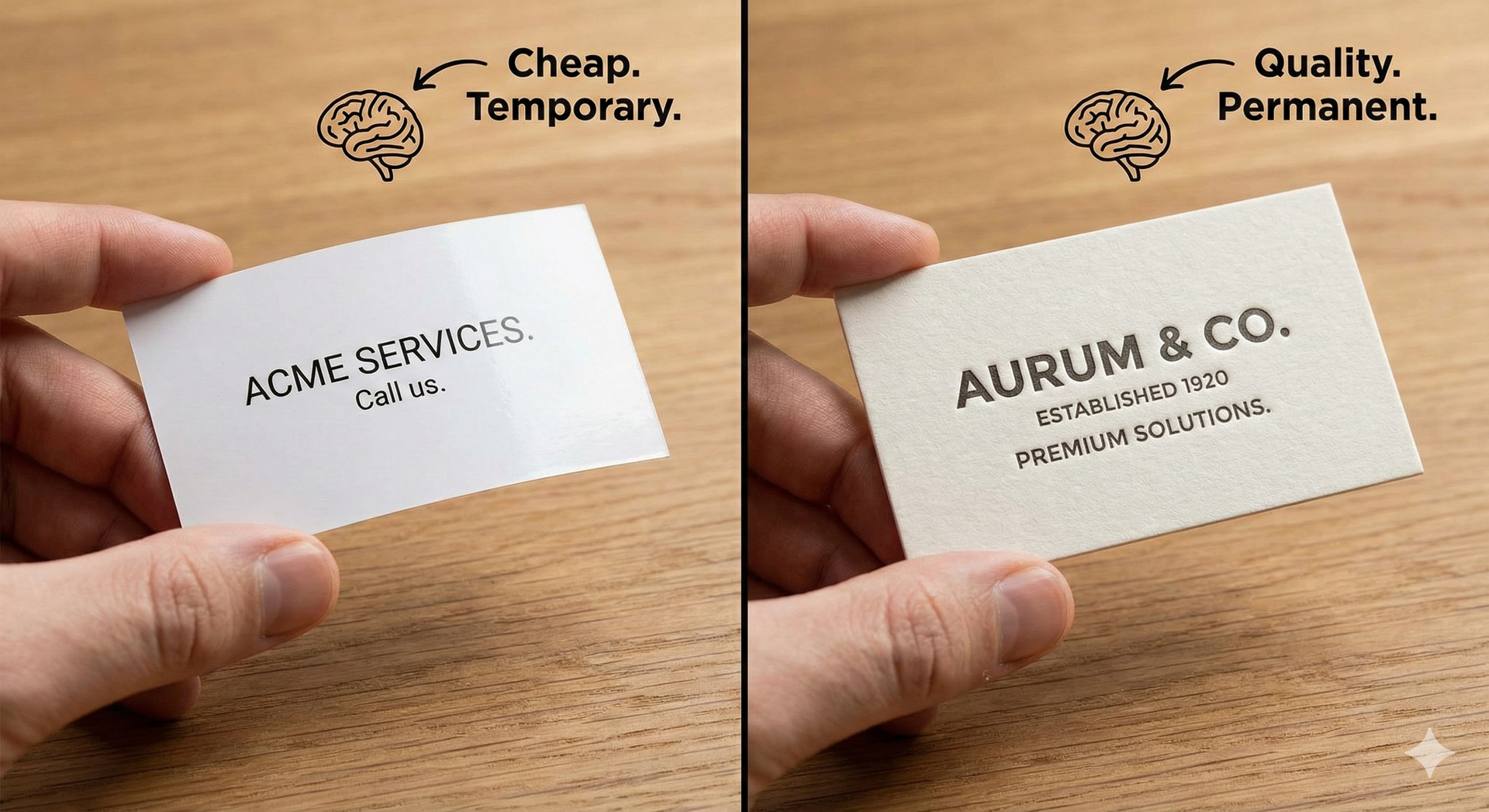 Hand holding two business cards: one cheap-looking, the other quality; text labels indicate temporary versus permanent.