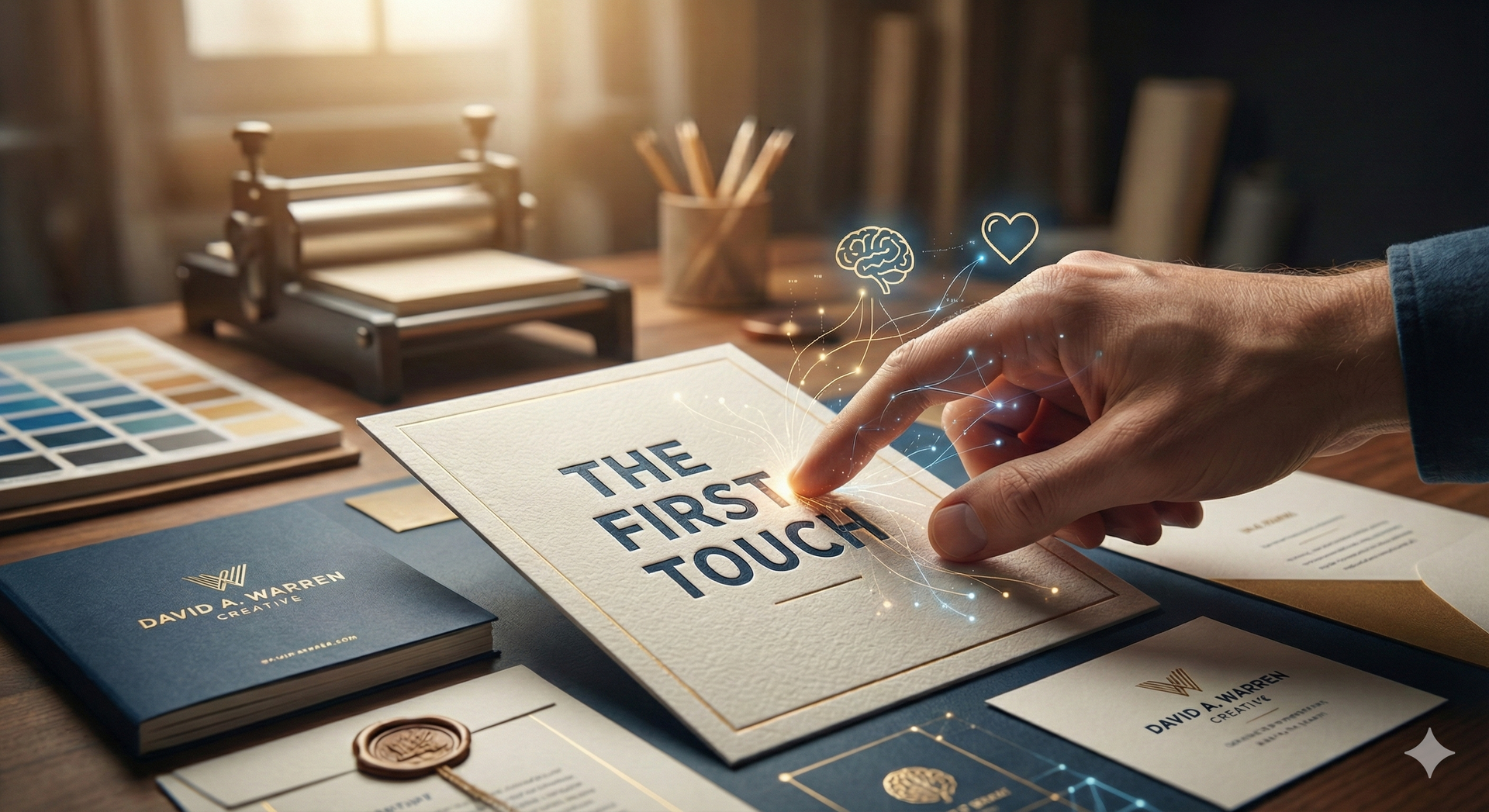 Hand touching a high quality embossed card with the words “THE FIRST TOUCH” on a desk surrounded by several high quality printed items.