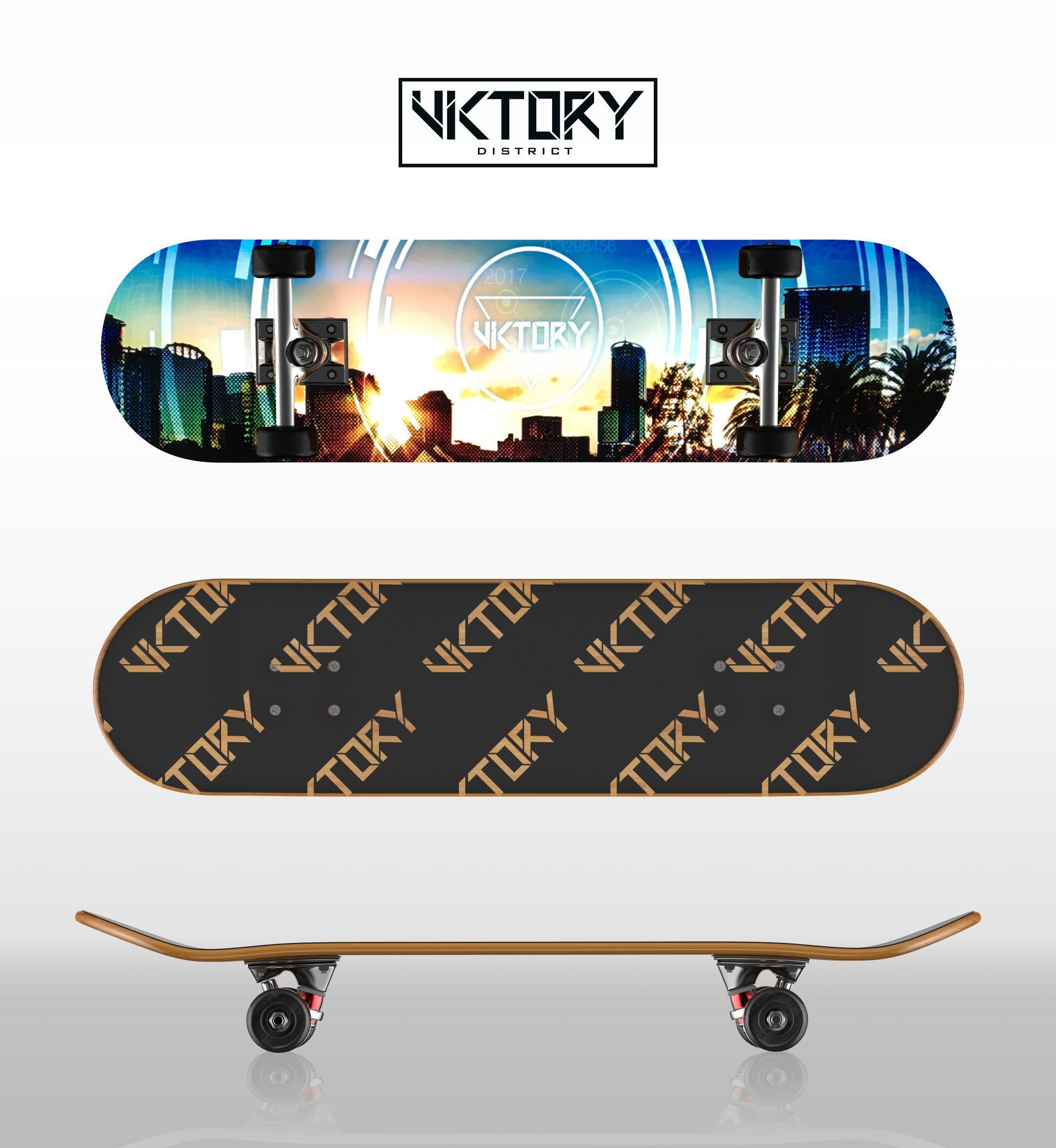 Skateboard with cityscape graphic on top, Victory logo. Black grip tape with repeated Victory text. Wheels on the bottom.
