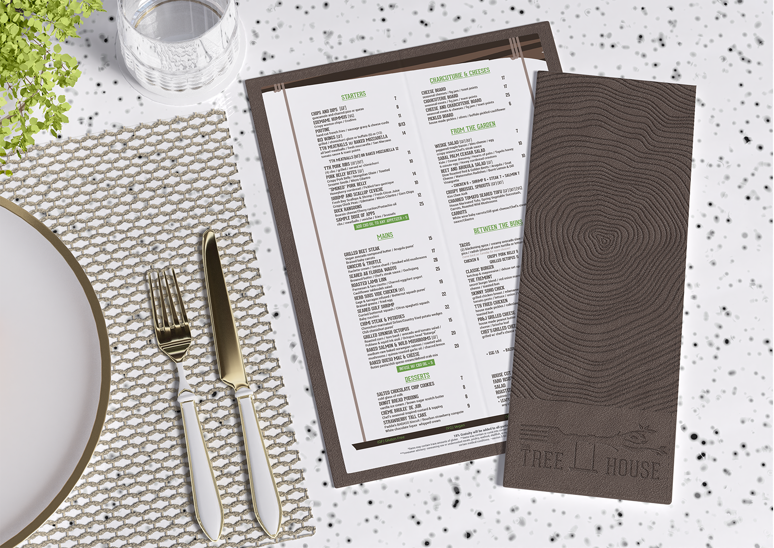 Restaurant table setting with menu, silverware, water glass, and place setting.