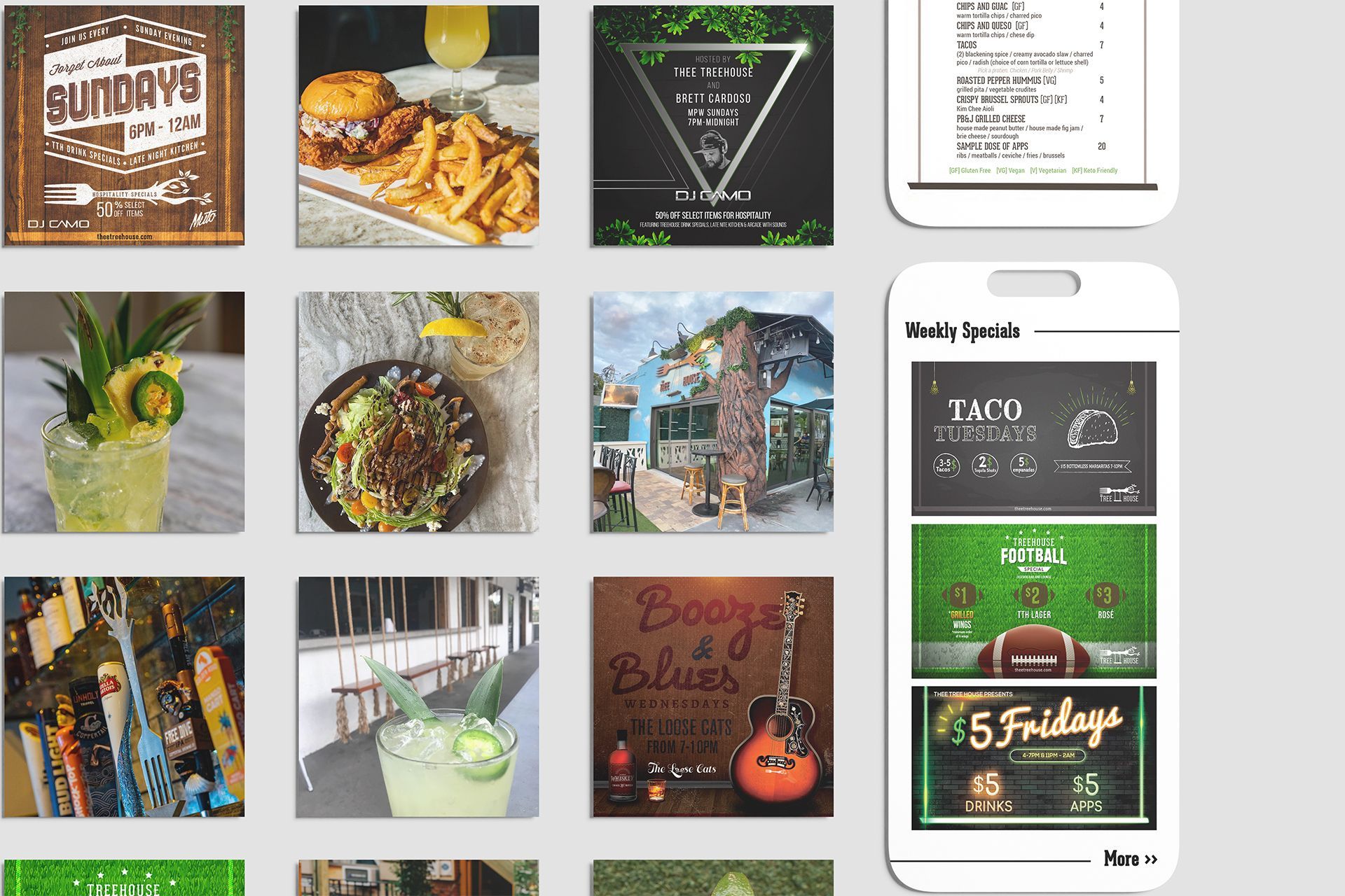 Social Media Content examples of food, drinks, and event promotions from a restaurant.