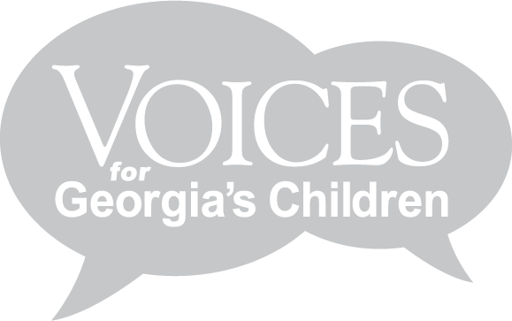 Logo for Voices for Georgia's Children, white text within gray speech bubbles.