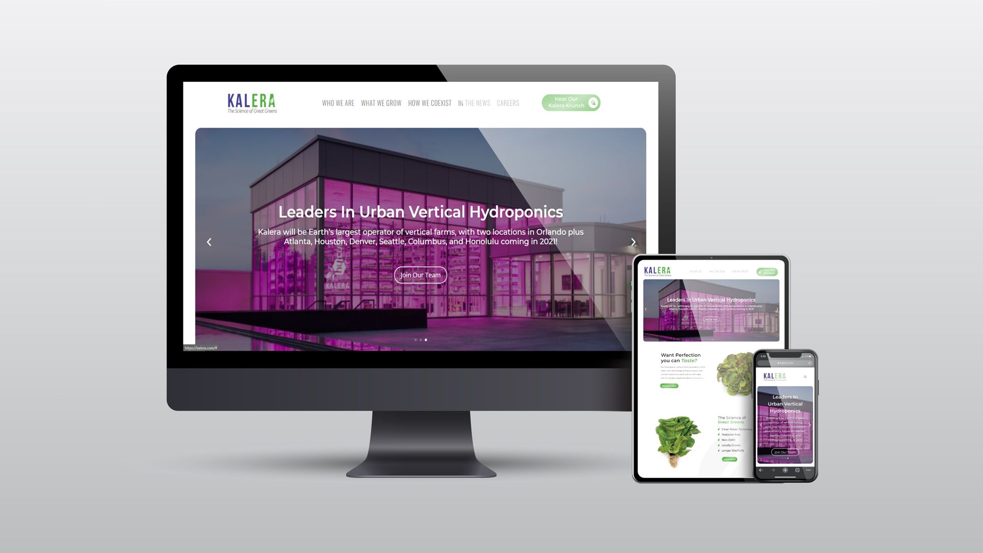 Website design, a building lit in pink, shown on a desktop, tablet, and mobile device.