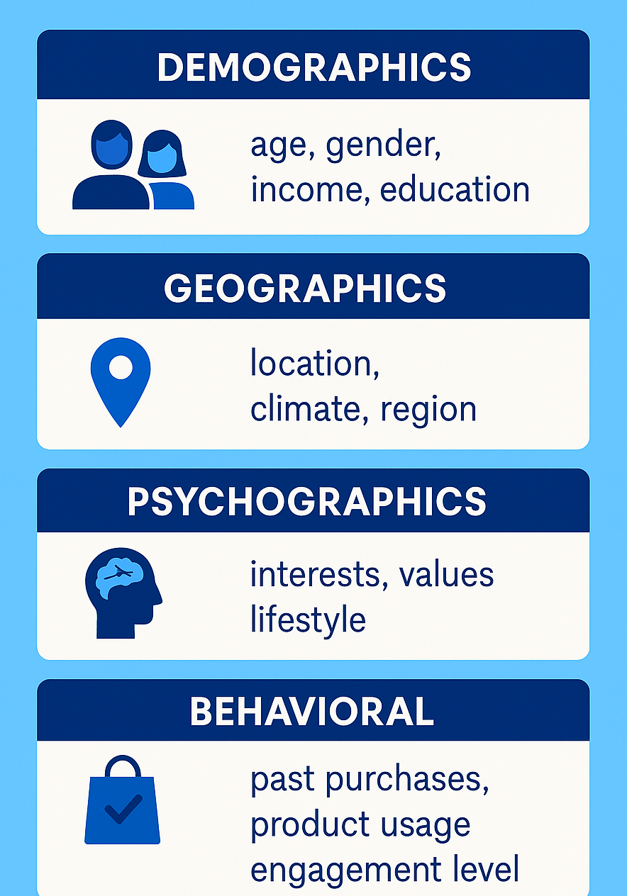 Marketing segmentation categories: demographics, geographics, psychographics, and behavioral.