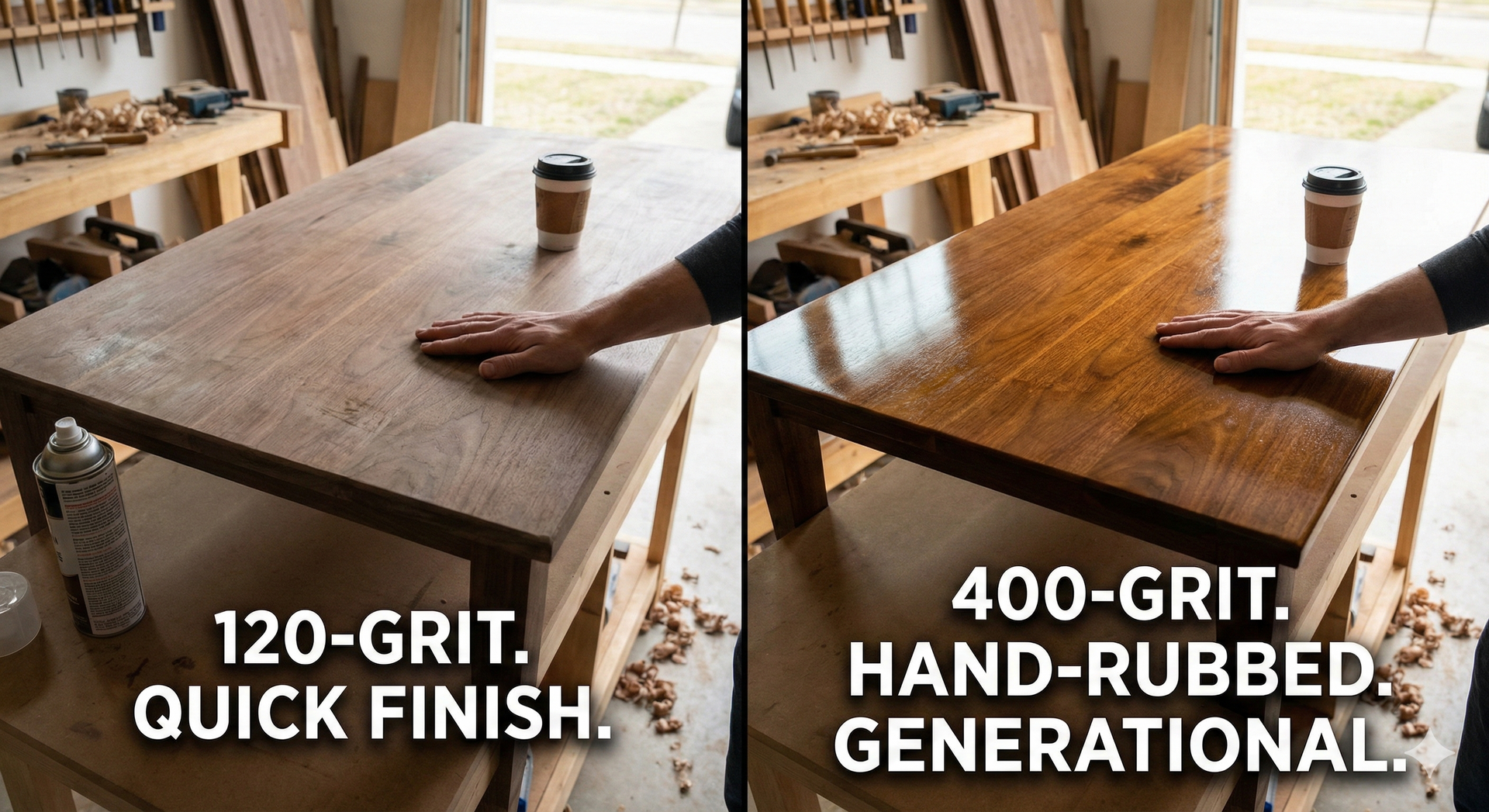 A table's surface before and after sanding. One side is rough with the text