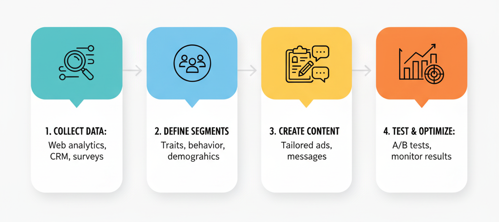 A flowchart for data management, showing steps: collect data, define segments, create content, and test & optimize.