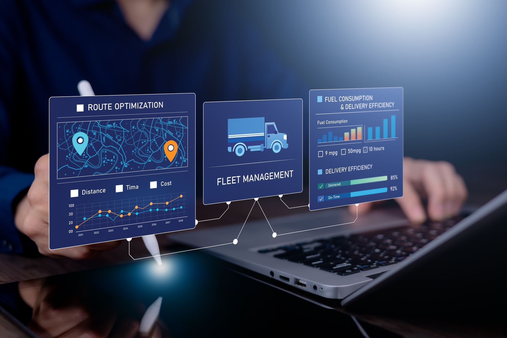 Businessperson using laptop with floating blue analytics dashboards and charts above the keyboard