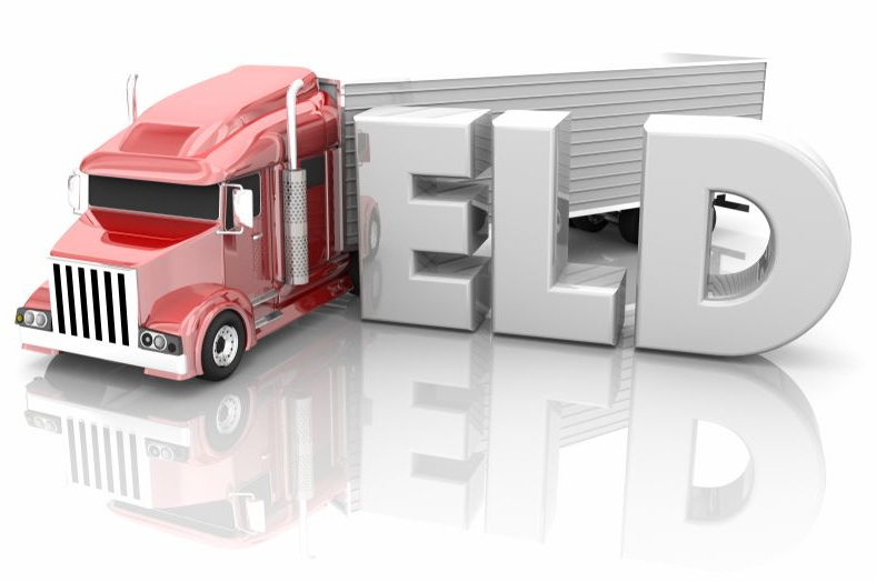 Red semi-truck next to large 3D letters spelling ELD on a white reflective surface.