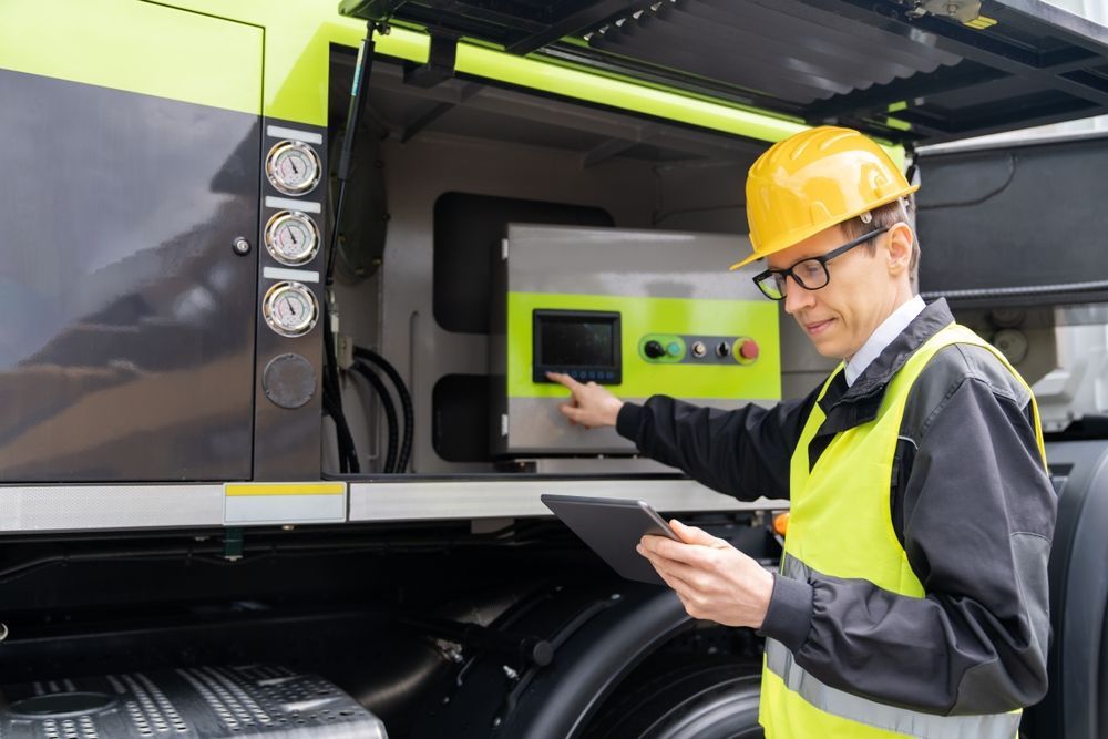 Man in hard hat and vest inspects machinery on a truck, using a tablet.