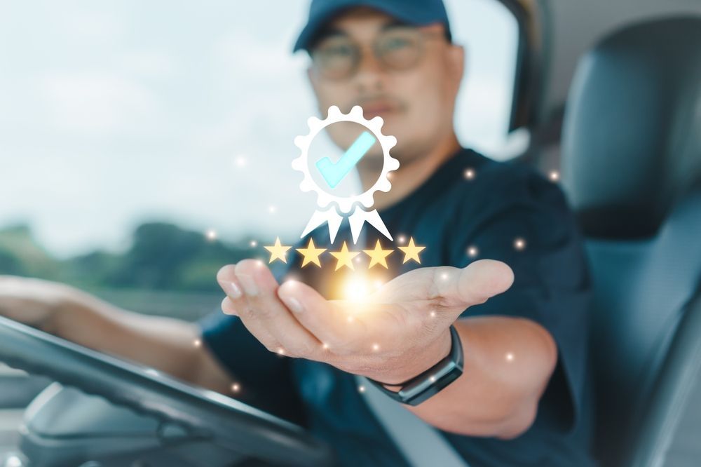 Truck driver holding glowing stars and a quality seal, representing the Compliant Drivers Program.