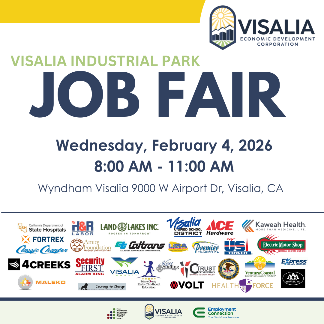 Job fair advertisement in Visalia, CA at Wyndham Visalia on February 4, 2026. Includes logos of participating companies.