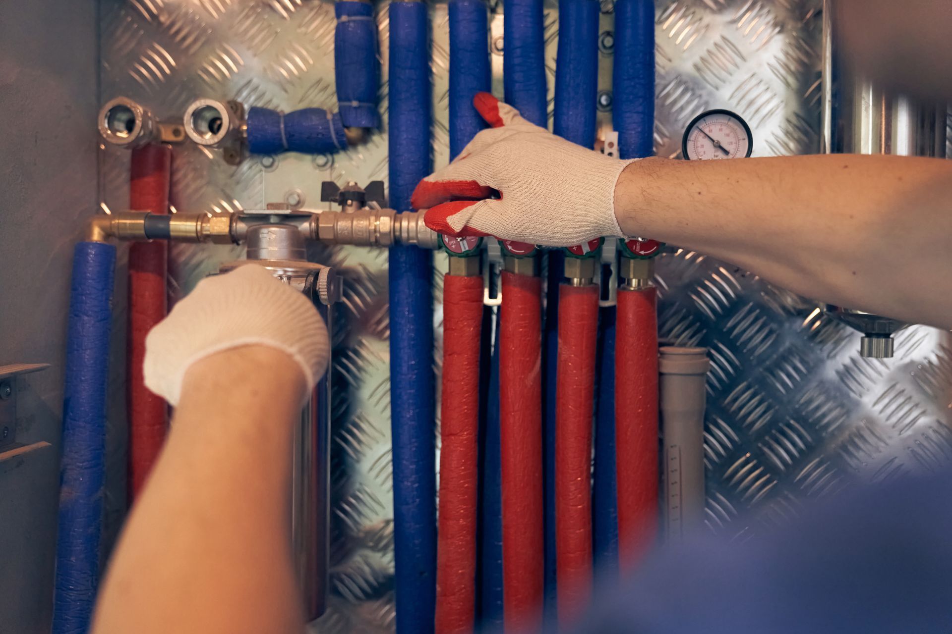 Hands in gloves adjusting valves on a panel of red and blue insulated pipes.