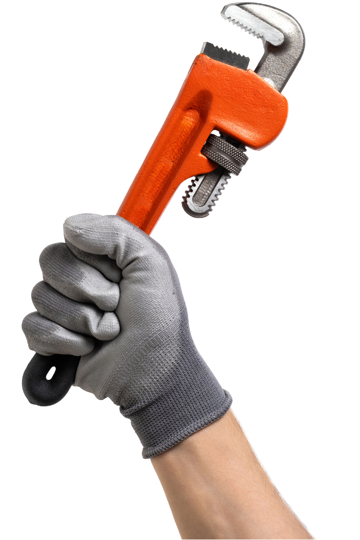 Gloved hand holding an orange pipe wrench.