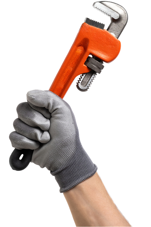 Gloved hand holding an orange pipe wrench.