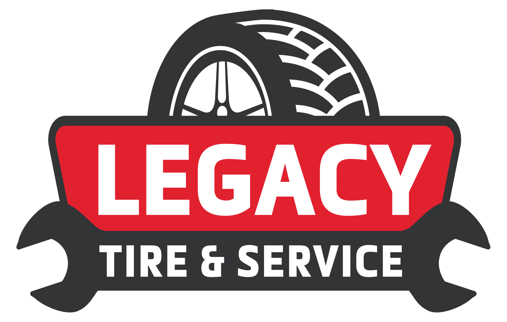 Legacy tire and service logo with a tire and wrench