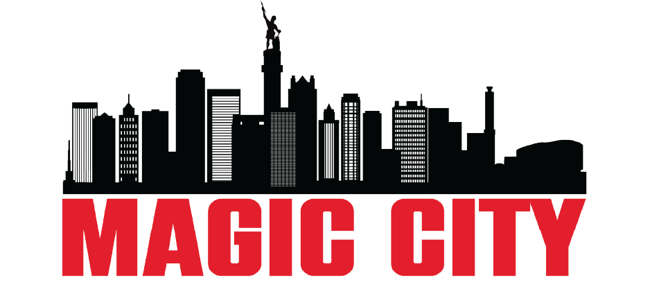 Black city skyline silhouette above bold red text reading “MAGIC CITY”