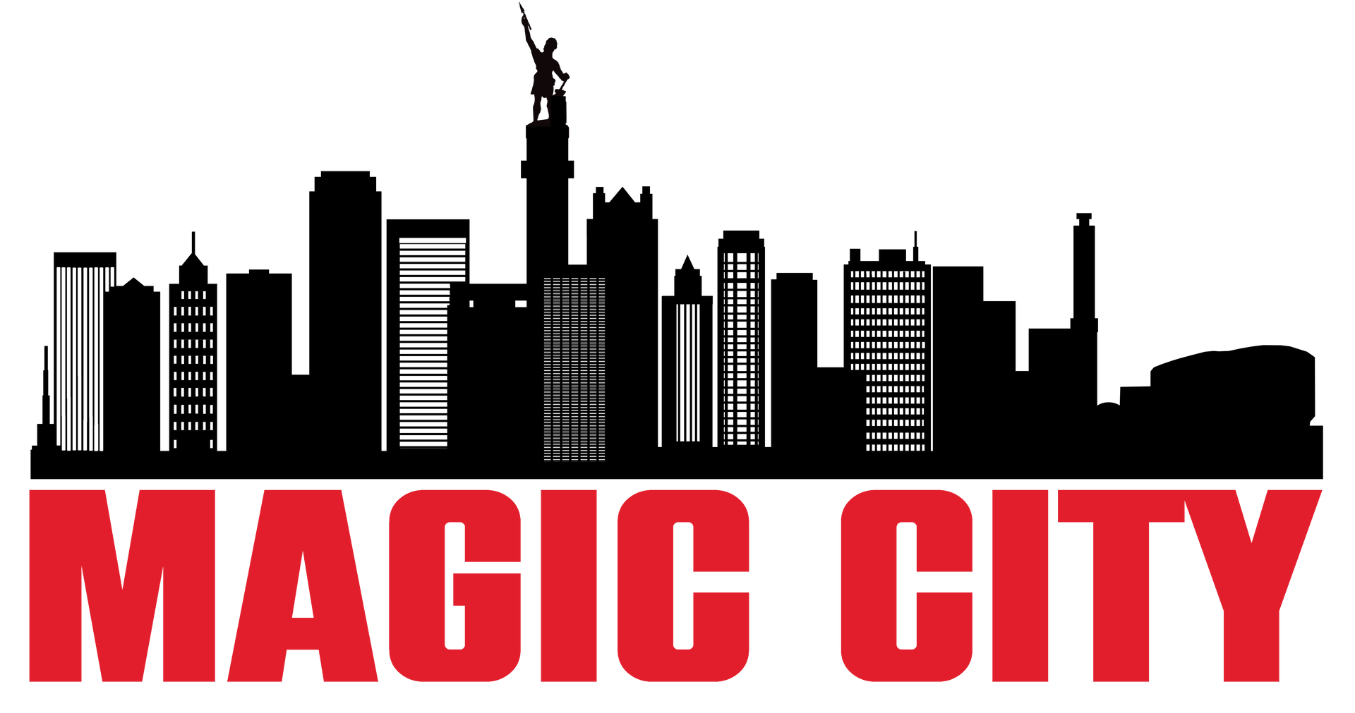 Black city skyline silhouette above bold red text reading “MAGIC CITY”