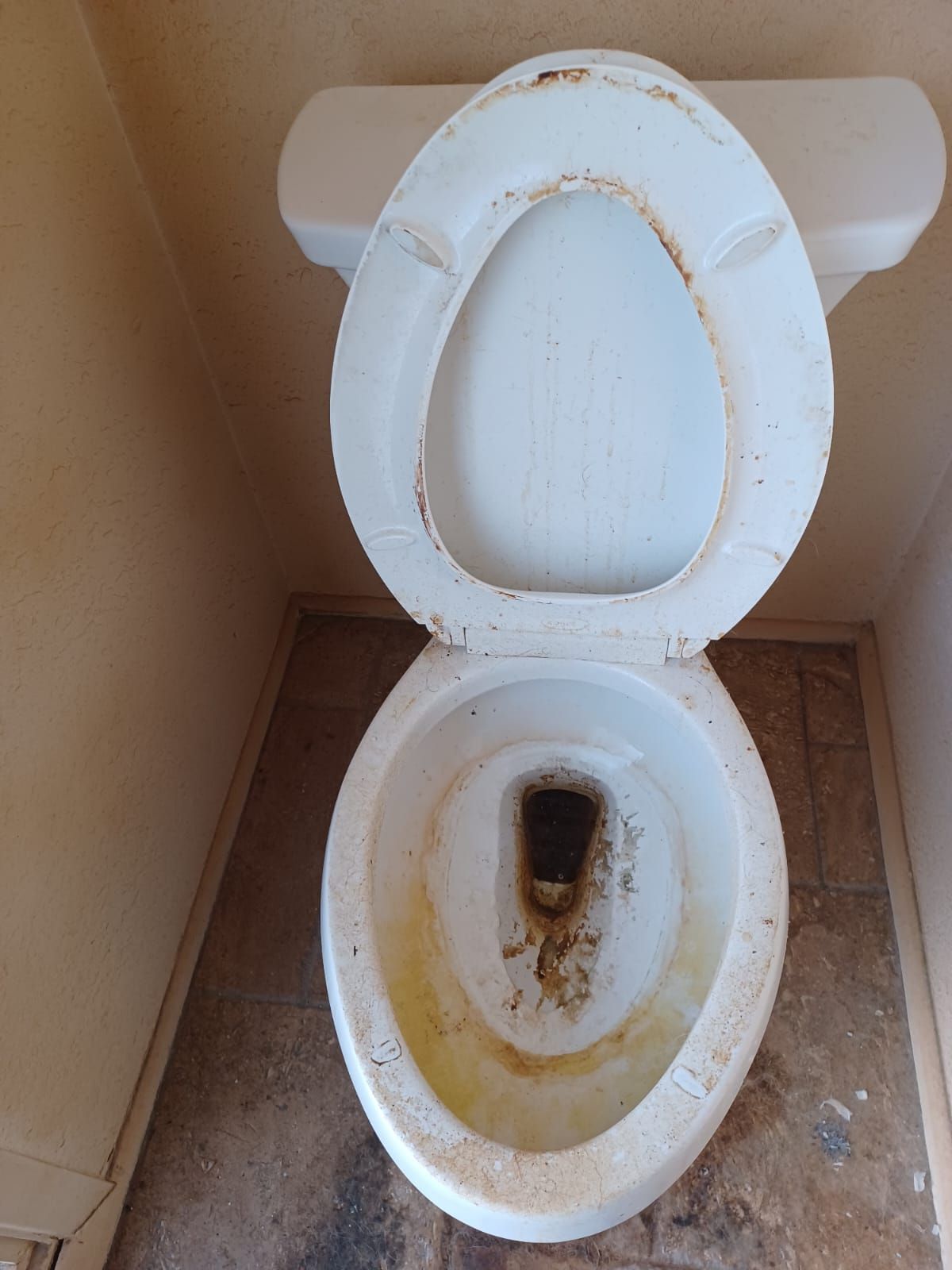 A dirty toilet with the lid open in a bathroom
